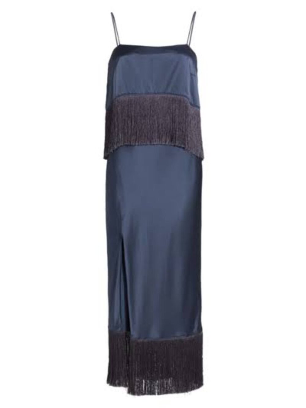 Cinq à Sept Eastwood Fringe Silk-Satin Midi Dress Square Neck Navy Blue - Picture 3 of 6